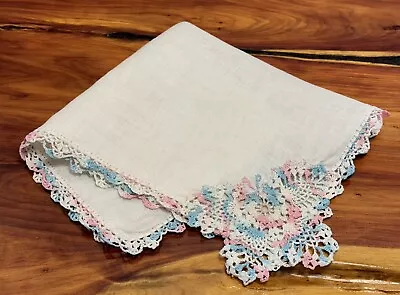 Vintage Linen Hankie Pastel Blue & Pink Crochet Butterfly Corner • $6