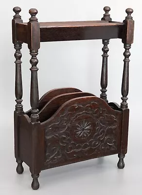 Antique English Carved Oak Library Book Trough & Magazine Rack Stand Circa 1910 • $796