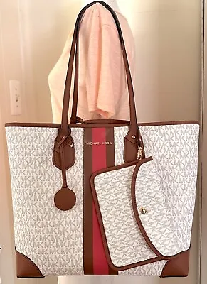 Michael Kors Eva MK Signature PVC Dahlia Pink Multi Large Tote With Pouch • $142.98