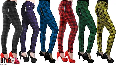 Women's Plaid Check Punk Skinny Trousers - Ladies Goth Emo Stretch Tartan Pants • £34