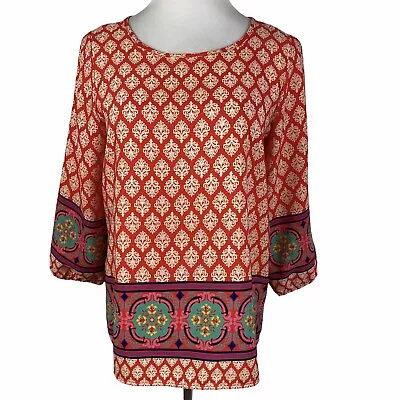 Yahada Damask Print Flowy Blouse Women's Small Orange 3/4 Sleeve • $17.97