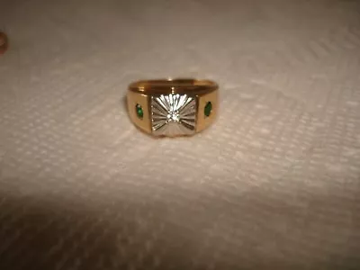 Vtg Beautiful Diamond Green Emerald Ring 10 K White Yellow Gold Signet Ring 8 • $299.95