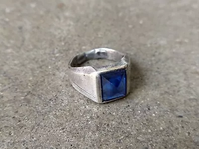 Men's Vintage Sterling Silver Ring Size 6.75 Blue Glass Rectangle Art Deco 5g • $79