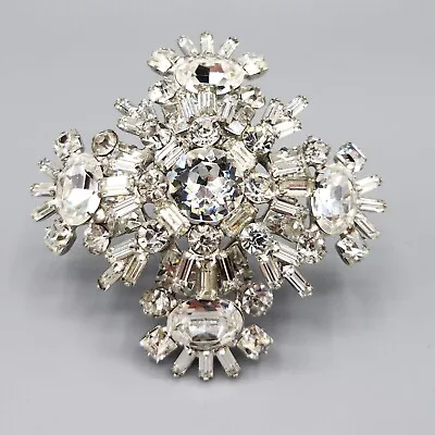 Unsigned Designer Clear Oval Baguette Rhinestone Maltese Cross Silver Brooch • $131.46