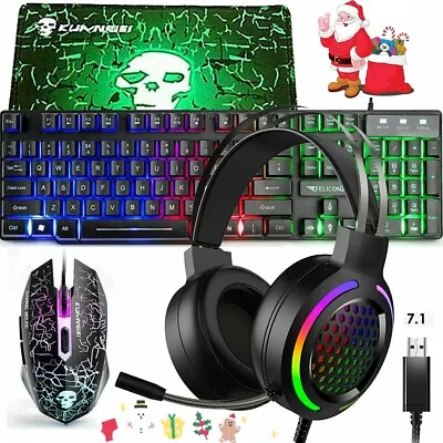 $57.89 • Buy Wired Rainbow Gaming Keyboard And Mouse And 7.1-Channel USB Headset Sets For PS4