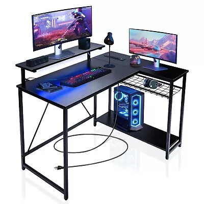 L Shaped Gaming Computer Desk With Shelves & LED & Outlets & USB Charging Port • $99.99