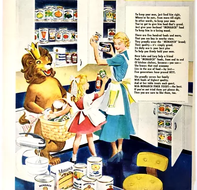 Monarch Foods Juice 1948 Ad Magazine Print Mascot Lion Luke Lucy Kitchen • $11.33