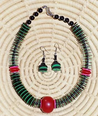 African Resin & Heishi Choker & Earrings Set Jnha1 • $15.97