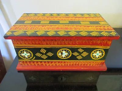 $35 • Buy Vintage Hand Painted Folk Art Wood Storage Trinket Jewelry Box Chest Case Key!