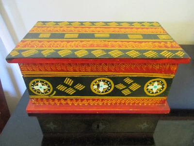 $35 • Buy Vintage Hand Painted Folk Art Wood Storage Trinket Jewelry Box Chest Case Key!