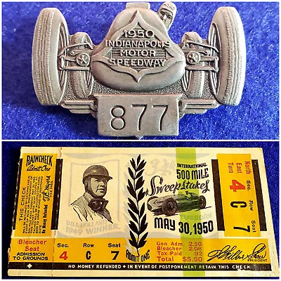 $649 • Buy 1950 Indy 500 SILVER #877 - Pit Badge W/Original Ticket - Johnnie Parsons WINS!