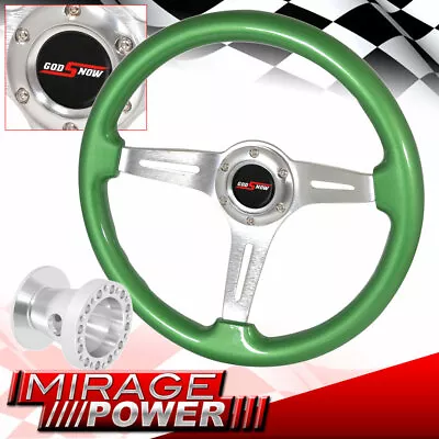 Adapter + Green Wood Silver Center Deep Dish Steering Wheel For 86-01 Integra • $90.99