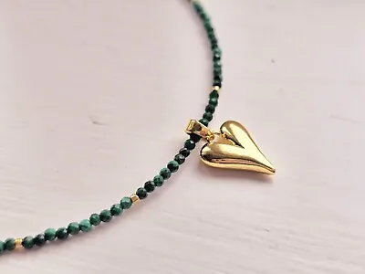 DAINTY HANDMADE Natural MALACHITE Gems 2mm Necklace With HEART Pendant 18K Gold • £34.99