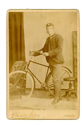 Man With Bike Bicycle Vintage Antique Cabinet Card Photo Omagh Ireland • $16.99