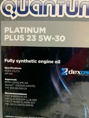 Genuine Quantum Platinum Plus 23 5W-30 Fully Synthetic Oil 5 Litre Dexos2 C2 C3 • £39.99