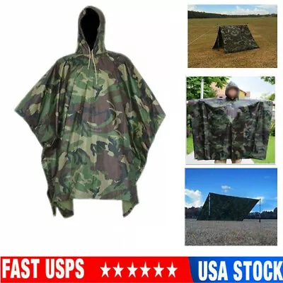 Waterproof Hooded Ripstop Rain Poncho Military Camping Hiking Raincoat Camo USA • $18.99