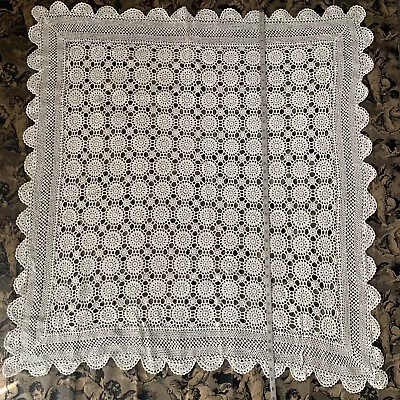 Vintage Beige Crochet Medium Weight Small Square Tablecloth  • $39.99