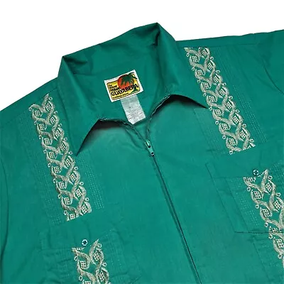 The Genuine Haband Guayabera Shirt Large Full Zip Embroidered Green • $14.95