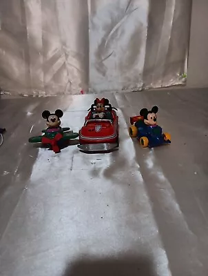 Disney Mickey Mouse Tin Metal Car +mickey& Minnie Wind Up Car & Plane Lots Of 3 • $40