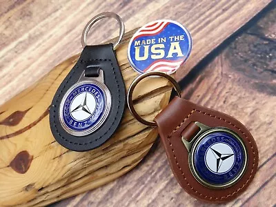 NEW RARE VINTAGE BLUE MERCEDES - BENZ CAR Leather Key Chain Ring Fob NOS • $19.99