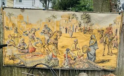 Large Vintage Woven Tapestry Middle Eastern Scene Persian Woman Dancing Market  • $179.99