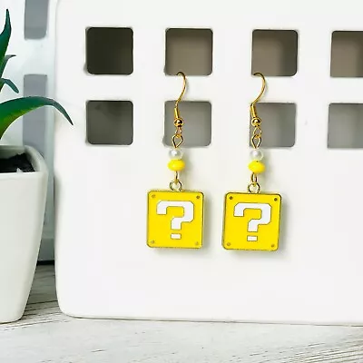 SUPER MARIO BROS Question Block Handmade Bead Dangle Earrings 925 Hypoallergenic • $5.95