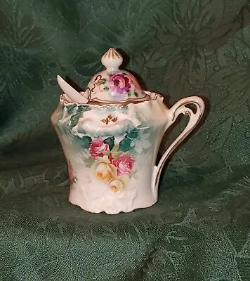 Rs Prussia Porcelain Floral Mustard Pot With Lid & Spoon • $16.95