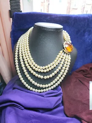 Scottish Five Strand Simulated Pearl Necklace With Cairngorm Citrine Stone Clasp • £120