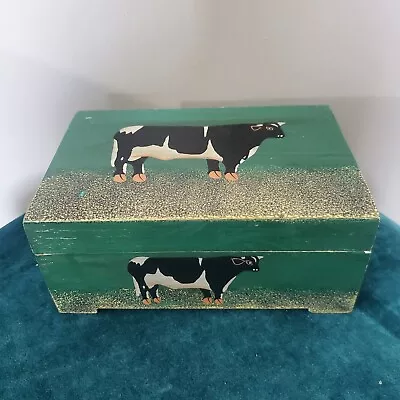 Vintage Wood Box Cow Print Green Outsider Folk Art Painted Country Farm Decor • $24.99