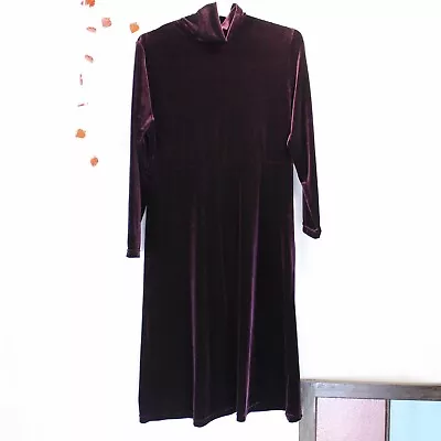 90s Burgundy Velvet Long Sleeve Dress W/ Turtle Neck Brand Amanda Smith Size 10 • $18