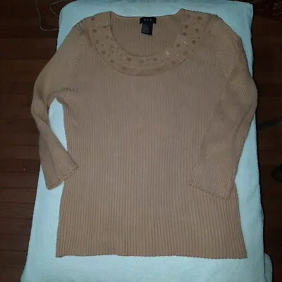 RQT Taupe Womens Top Size L With Beading Around Neck Nice • $7.50