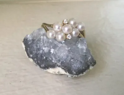 Mikimoto 7 Pearl Cluster And Diamond 18k Yellow Gold Ring • $550