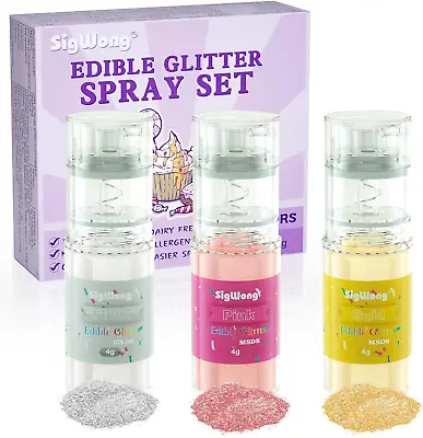Edible Glitter Spray Set - 3 Colours 100% Shimmer Dust Powder For Cakes Cupcakes • £17.52