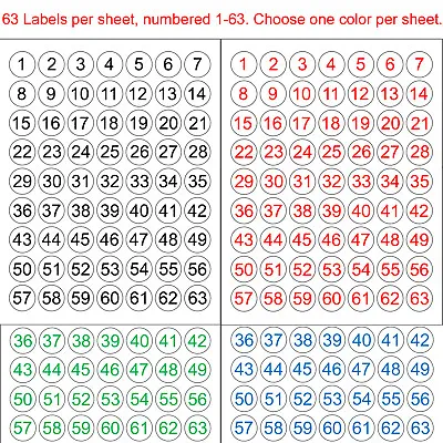 Number 1-63 Or 64-126 Sequentially Numbered Stickers 1  Round Circle Label Color • $3.95