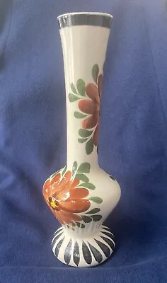 12” Vintage Mexican Pottery Long Neck Vase Hand Painted Folk Art Floral Design • $22.50