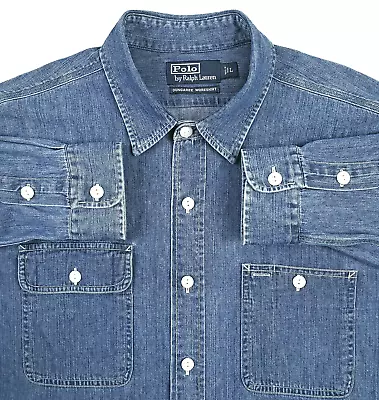 POLO Ralph Lauren Sz L Dungaree Work Shirt Classic Fit Blue W/ Pockets VTG • $50