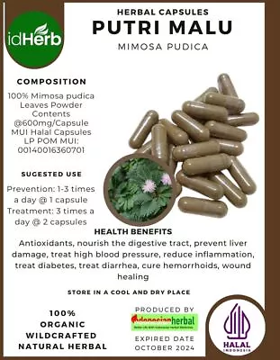 IdHerb - 100-800 Capsules Putri Malu Mimosa Pudica Organic WildCrafted Natural • $20.99