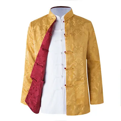 Reversible Traditional Chinese Clothes Men Tang Suit Top Silk Print Jacket Coat • £29.35