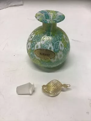 Italian Murano Green White & Gold Millefiori Perfume Bottle (Stopper Broken) • $28