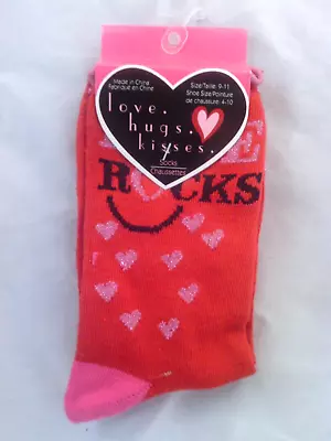 NWT Womens Girls Funky Novelty Red Glitter Heart-LOVE ROCKS Crew Socks 9-11 • $7.49