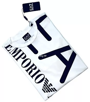 Emporio Armani EA7 Large Logo Men's Cotton Short Sleeve Crew Neck T-Shirt_White • £31.99