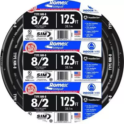 Southwire NM Wires 125 Ft. 8/2 Black Stranded Romex SIMpull CU NM-B W/G Jacketed • $245.37