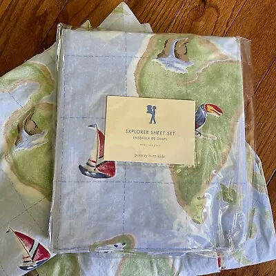 Pottery Barn Kids Explorer Island Animal Sailing Twin Flat Sheet Pillow Case SET • $69