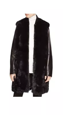 Vince Mixed Media Lambskin Shearling Fur Coat With Ribbed Leather Sleeves - Med • $450