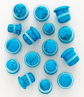 1 Pair 00g Organic Turquoise Blue Stone Single Flare Ear Plugs Gauge 10mm • $8.99