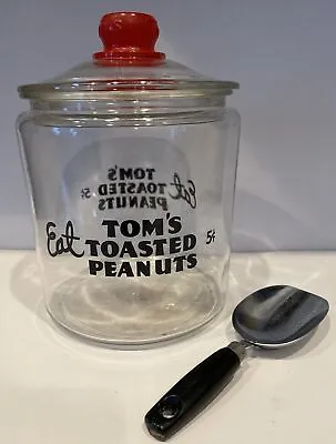 Tom’s Toasted Peanuts Glass Container W Lid & Original Scooper 10” Tall Vintage • $125.95