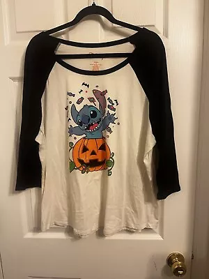 New Disney Stitch Halloween 3/4 Sleeve T-shirt Candy In A Pumpkin Women's 3X • $18.99