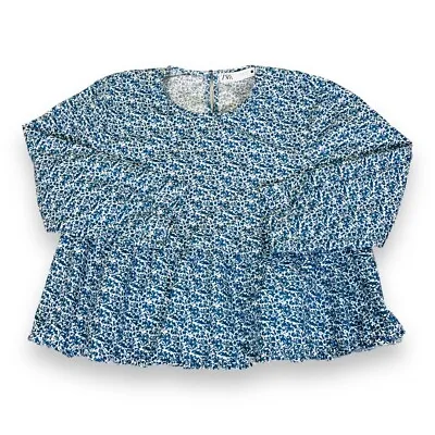 Zara Floral Peplum Top Size Medium Blue 3/4 Sleeve Round Neck Crop Length • $15