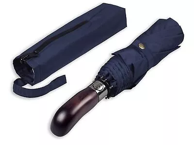 Travel Umbrella Wood Handle Auto Open Close Vented Canopy Dark Navy • $38.64