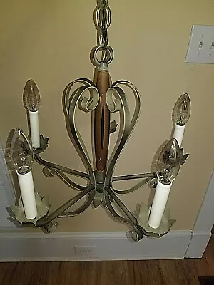 Working Vintage MCM Avocado Green 5 Arm Stem Chandelier With Real Wood Center • $50